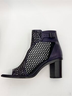 Zero + Maria Cornejo Navy Laser-Cut Peep-Toe Block Heel Ankle Boot